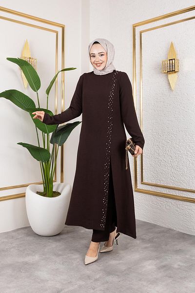 HARMAN BUTİK Pearl Detailed Hijab Double Suit Brown