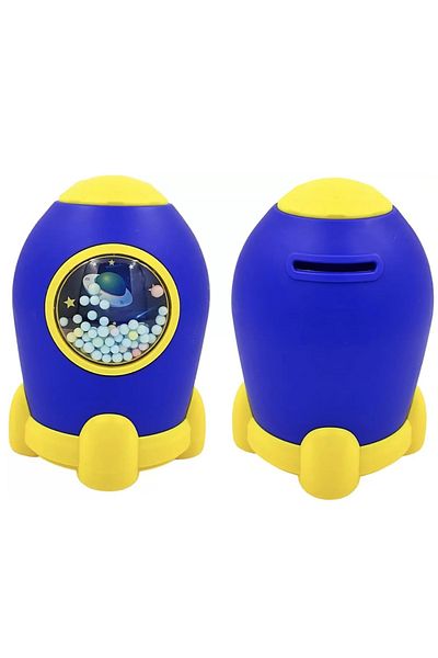 PUFO Pușculiță decorativă Pufo Rocket Buclucasa, deschidere cu parolă, 18 cm, albastră/galbenă