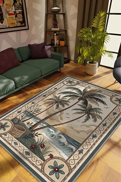 Art Deco Palm Tree Patterned Carpet Plant Themed Green Palm Patterned Digital Printing Carpet