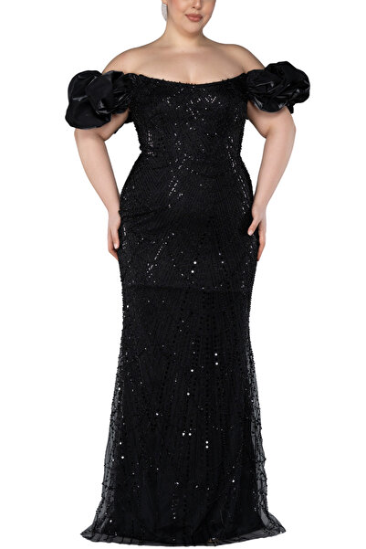 Arden Büyük Beden Uzun Abiye, Siyah Pul Payet, Kayık Yaka, Kolsuz Zarif Kesim...