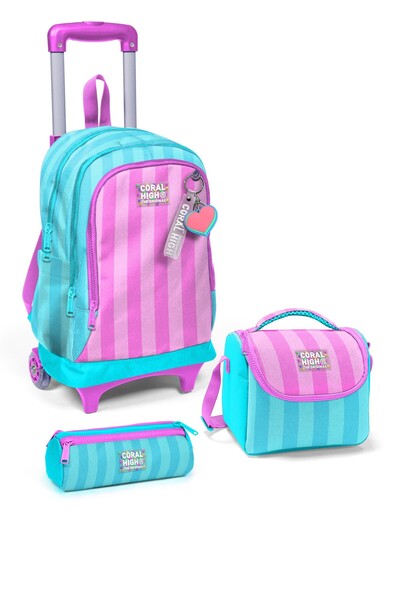 Coral High Kids Turquoise Pink Striped 3-Piece School Bag Set Set0123971