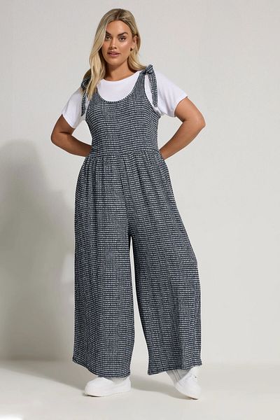 Stil Diva Large Size Loose Wide Leg Straps Tie-Up Square Print Maxi Jumpsuit 160362