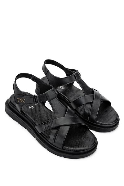 Tamer Tanca Women's Genuine Leather Black Leather Flat Sandals