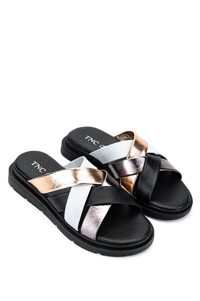 Tamer Tanca Women's Genuine Leather Black Flat Slippers
