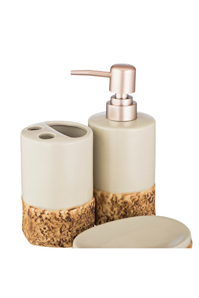 ABAREEK 4-Piece Ceramic Bathroom Set with Liquid Soap - Brown and White