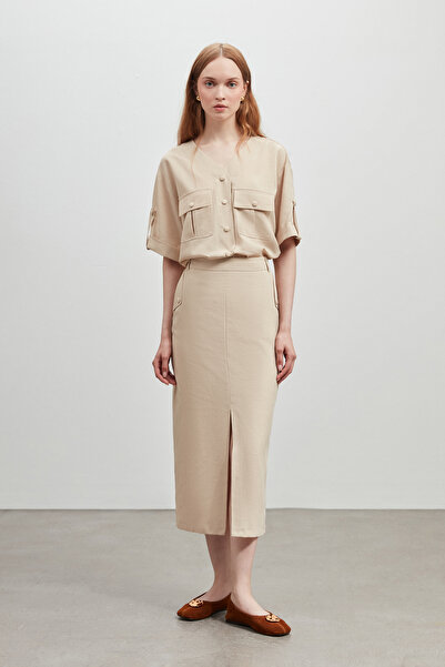 Shn CEP DETAYLI YIRTMAÇLI MİDİ ETEK