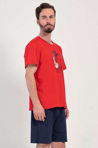VİENETTA Men's Large Size Short Sleeve Red Shorts Pajamas Suit C9T7N1O904