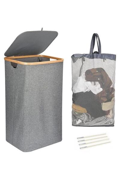 MİEN Mien Bambu Kenarlı Kumaş Katlanabilir 100 Lt Çamaşır Sepeti 44x33x70