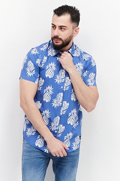 Silver Jeans Co. قميص رجالي كاجوال بقصّة عادية وأكمام قصيرة وطبعة أناناس، أزرق