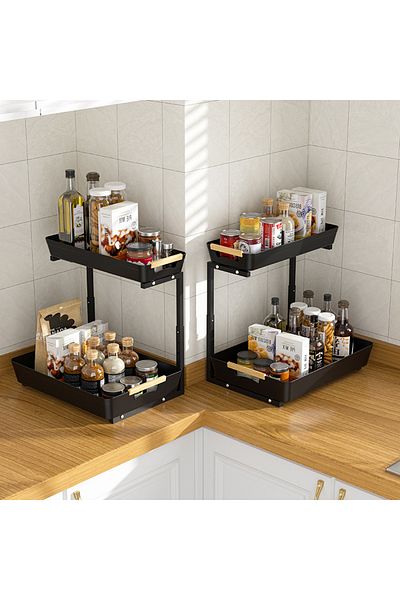 Viyogo Kitchen or bathroom organizer with 2 retractable shelves, adjustable height, black