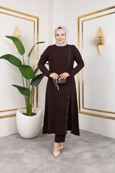 HARMAN BUTİK Pearl Detailed Hijab Double Suit Brown