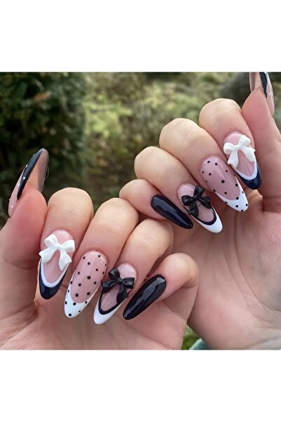 PİRAYE AKSESUAR 24'lü Siyah Beyaz Puantiye ve Kurdela Charm Tasarımlı Uzun Ba...