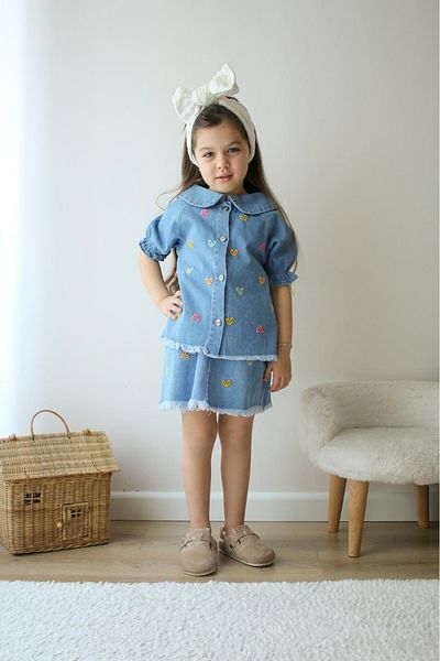 Ege Bebek Girl's Skirt with Heart Embroidered Collar Detail Denim Suit Summer Vacation 3-10 Years Old Stylish Girl's Suit