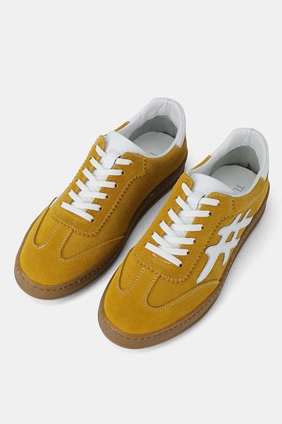 TUNAELLİ Women's Yellow Suede Genuine Natural Leather Lace-Up Sneaker Casual Shoes
