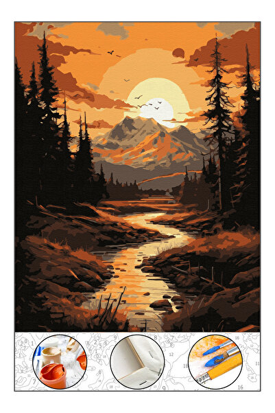 abbara Sayılarla Boyama Çerçeveli Numaralı Tuval Fırça Boya Dahil Kasnaklı 40x50 CM Saklı Nehir