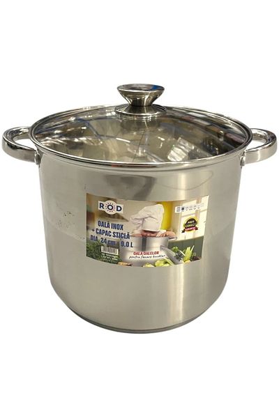 OEM Stainless steel tall pot with lid, capacity 9 l, diameter 24 cm, double bottom, induction base, ROD 19271