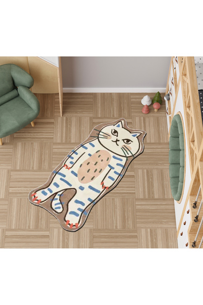 Rugs Modern Halı Lina Koleksiyonu Mavi Çizgili Ayakta Kedi Desenli Modern Dekoratif Halı lina60