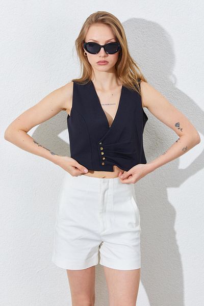 TENA Women's Black Side Draped Gold Buttoned Vest