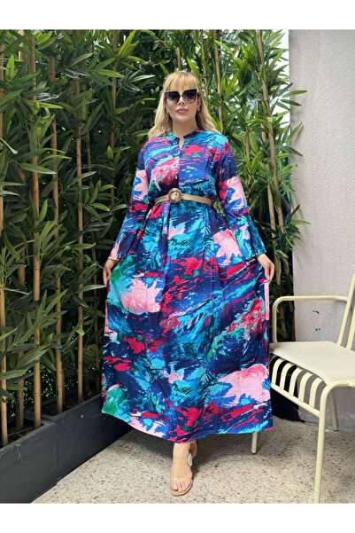 LİKRA Women's Plus Size Collar Button Spanish Sleeve Woven Viscosa Dress