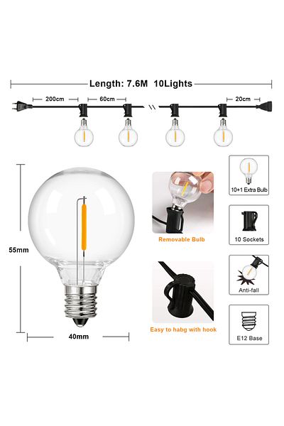 Choice Eu Plug 7.6m 10lights G40 Outdoor Garland String Lights Shatterproof Waterproof Plastic Led Bulb Vin