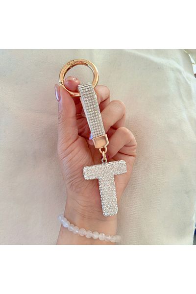 Choice سلسلة مفاتيح أبجدية مرصعة بأحجار الراين المتلألئة، سلسلة مفاتيح دائرية من سبائك معدنية مع مشبك حلقي، مزخرفة.