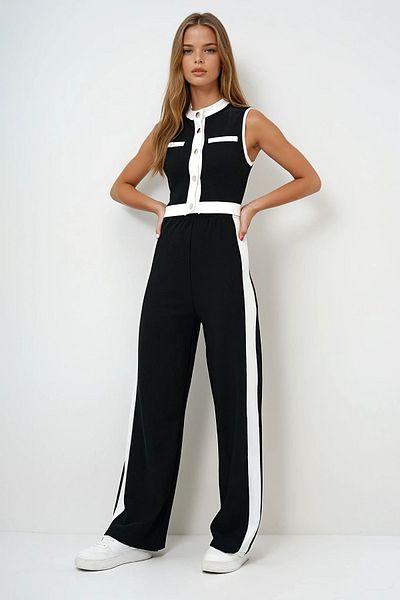 VAGGON Set de bluză și pantaloni Palazzo pentru femei, cu guler negru, cu nasturi metalici, blocuri de culoare, Prmx13916
