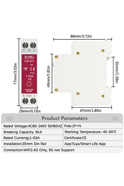 EARUELETRIC VA Protect 1-63A Tuya WiFi Smart Circuit Breaker EAWCBT-P MCB Timer 1P+N 63A Power Energy Voltage C