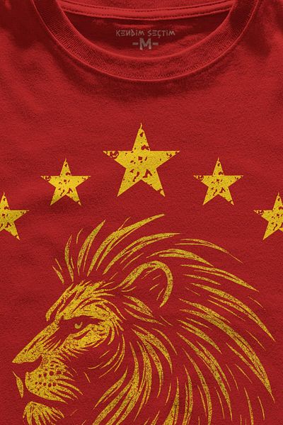 Kendim Seçtim Lion Yellow Red Champion Five Star Printed T-Shirt Unisex Red T-Shirt 5 Stars