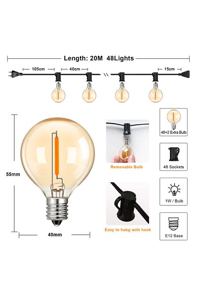Choice EU Plug 220V 20M 48Lights G40 Outdoor String Light Vintage Amber Glass Led Bulb Dimmable IP44 Waterp