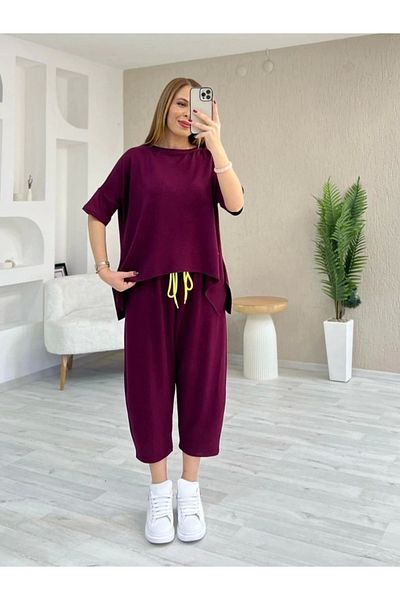 nedo7 طقم بلوزة وبنطلون نسائي بأكمام قصيرة وياقة دائرية من الفسكوز مكون من خيطين