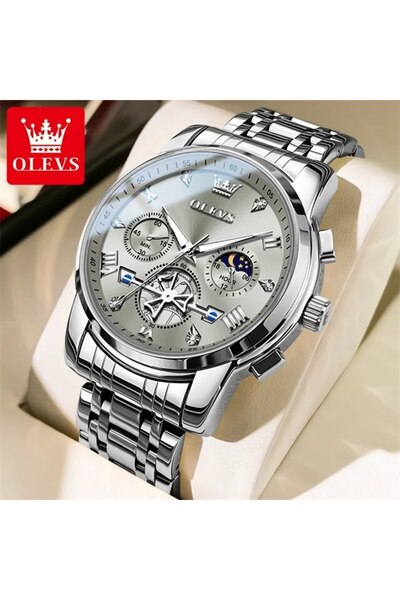 Choice ساعة OLEVS 2856 للرجال باللون الرمادي الفضي، كرونوغراف طور القمر 24 سا...