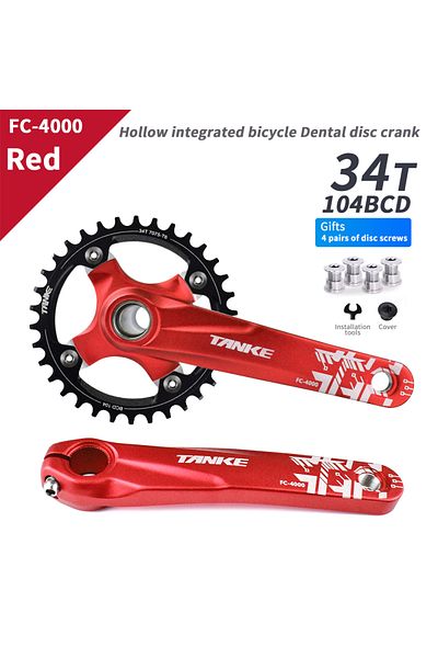 TANKE 170mm Red Crank-34T TANKE Crankset 170MM Bicycle Chainring hollow integrated crankset 104 BCD Narrow
