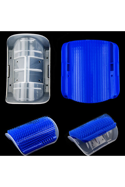 PUFO cat massage brush with wall or furniture corner attachment, bag with catnip included, blue