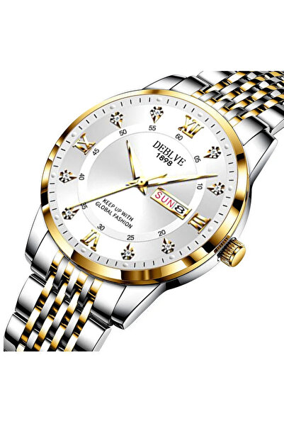 Choice ساعة رجالية فاخرة فضية ذهبية بيضاء من الفولاذ المقاوم للصدأ عالية الجودة بزر ضغط ومشبك مخفي مقاوم للماء مقاس L