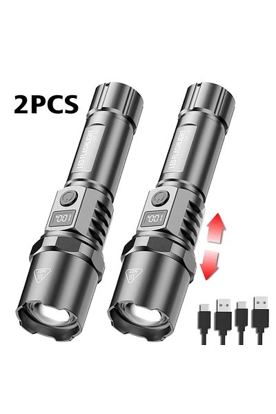 Heinast 2PCs Powerful ST-35 LED Flashlight Battery Display USB Rechargeable LampTelescopic Zoom Torch Light