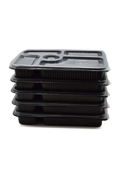 Generic Black rectangular microwave containers with a transparent lid, five compartments