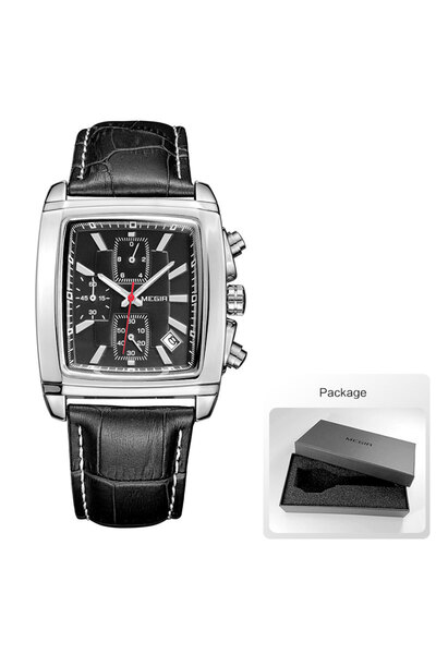 Choice ساعة ميجير 2028-بلاك-بي بمينا مستطيل وسوار جلدي للرجال، ساعات كوارتز كرونوغراف زرقاء كاجوال