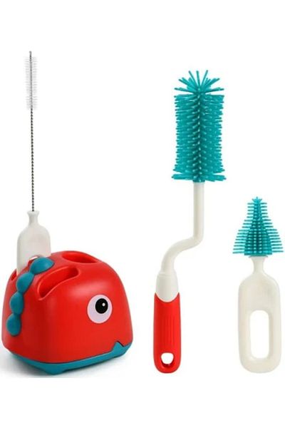 MACON Silicone 4-in-1 Baby Bottle Cleaning Brush Set with Nipple, Straw Brush & Draining Base