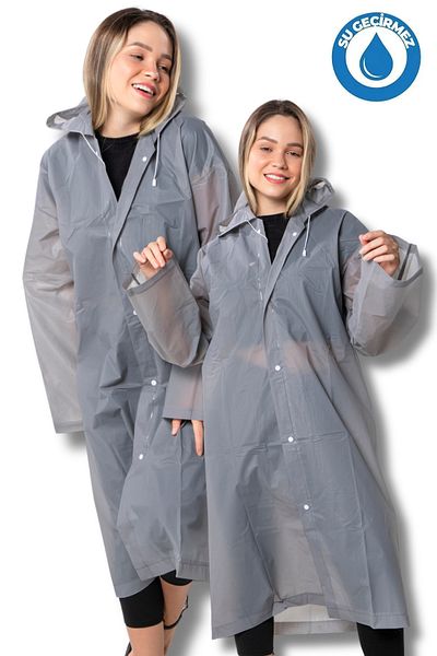By Marine Gray Eva Hooded Raincoat - Women and Men with Snap Fasteners Bymmrc881r05