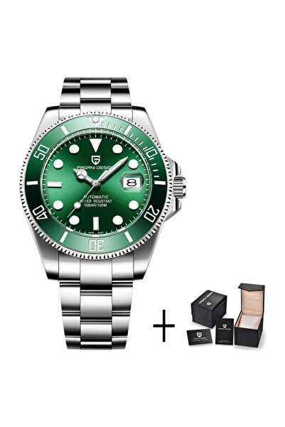 Choice ساعة باجاني ديزاين الميكانيكية للرجال باللون الفضي والأخضر، حركة يابانية، مقاومة للماء حتى عمق 100 متر، مزودة بسوار من الياقوت الأزرق