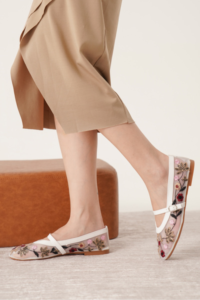 Moda Değirmeni White Embroidered Women's Floral Embroidered Mesh Ballerinas Md2104-111-0003