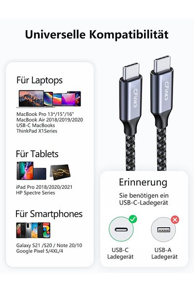 CFinke Cablu USB C la USB C CFinke, aluminiu/nailon, negru/gri, 50 cm
