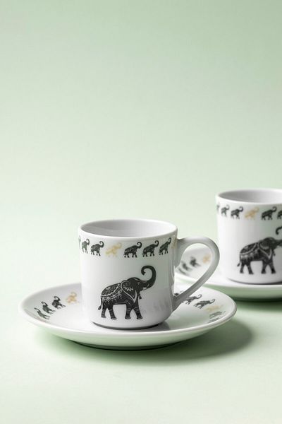 FH finehome Elephant Porcelain 4 Piece Set of 2 Cups