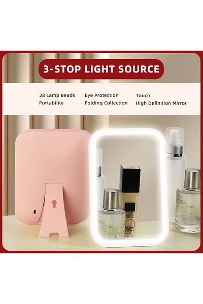 Brangdy 1PC Pink LED Touch Screen Makeup Mirror Folding Mirror Lighted Makeup Mirror 3 Colors Light Modes US