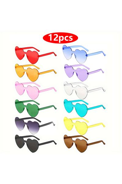 Choice 12pcs 12pcs Heart Shaped Sunglasses Women Plastic Love Cat Eye Rimless Frame Colorfu Lens Sun Glasse