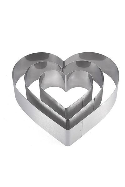 PUFO Set de 3 inele metalice în formă de inimă pentru tort, pentru blaturi de tort, fursecuri, oțel inoxidabil, argintiu
