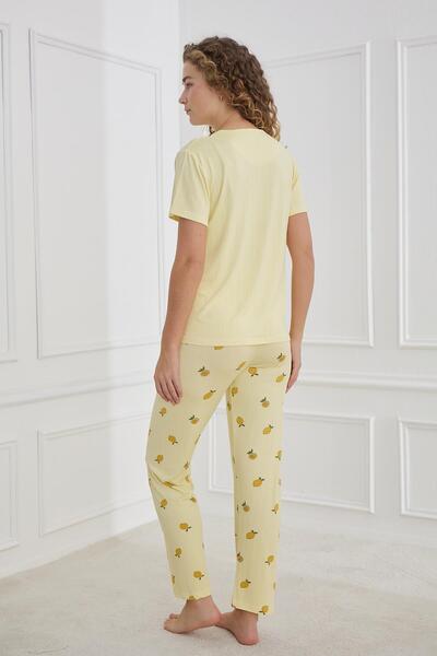 Kompedan Kadın Limon Desenli Bisiklet Yaka Pijama Takımı | Sarı 80601-1238