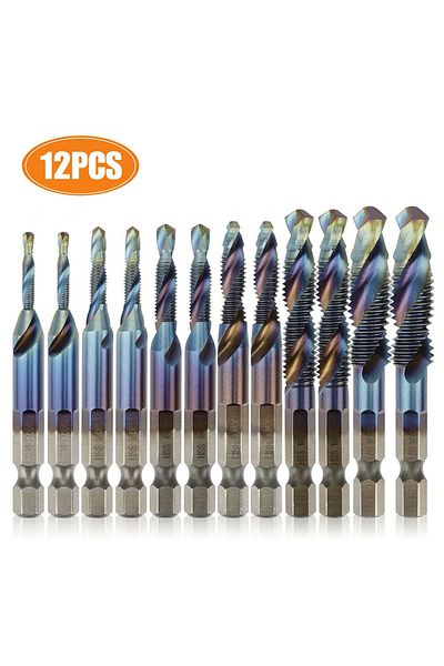 Choice 12PC 1/4In HSS Hex Shank Titanium Plated Screw Thread Drill Bits Set M3-M10 For Iron Metal Wood P...