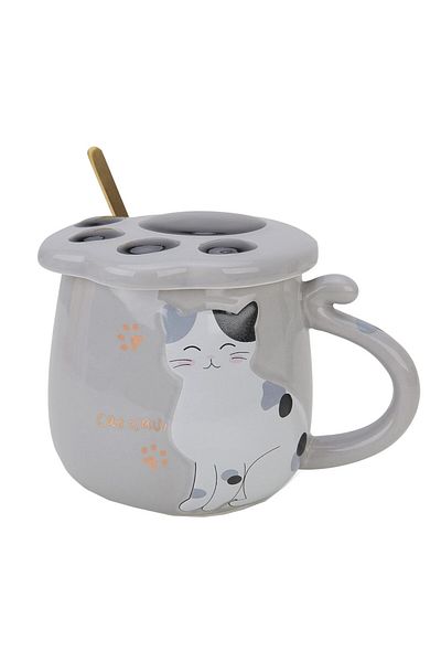PUFO Sweet Kitty ceramic mug with lid and spoon for coffee or tea, 300 ml, gray