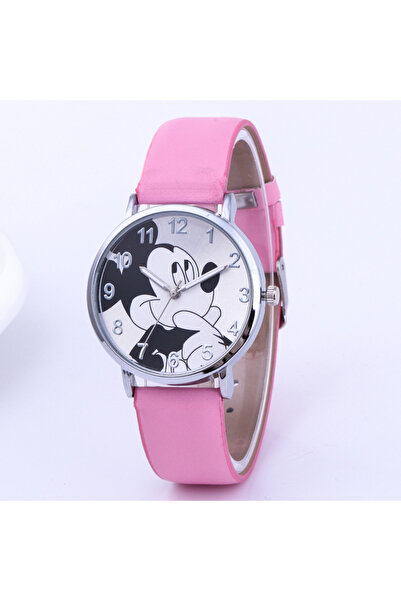 Choice ساعة ديزني ميكي ماوس وردية اللون للنساء بسوار من الجلد الأسود وسوار كو...